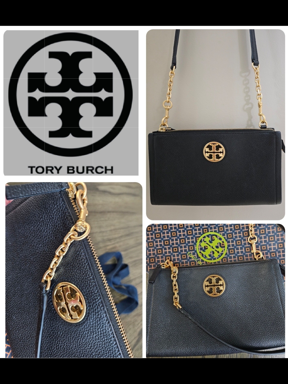 Tory Burch Carson Zip Top Black Leather Chain Strap Crossbody